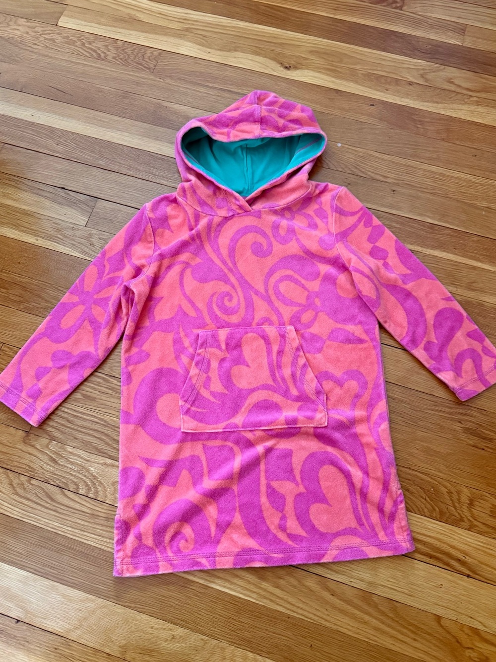 Mini Boden 6-7Y Pink/Orange Toweling Hoodie Coverup